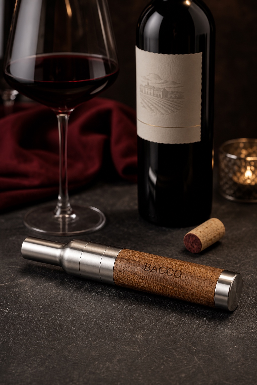 BACCO opener styled beside a wine bottle, glass, and cork